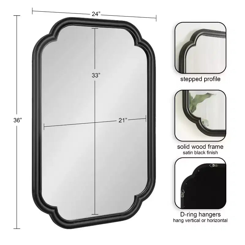 Miroir mural rectangulaire festonné 60x90 cm, Noir