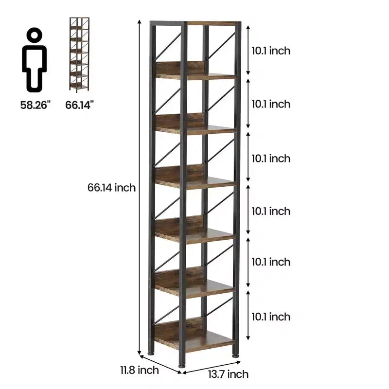 Bibliothèque Vintage en Bois de Fer Slim - Étagère de Rangement Gain de Place pour Petits Espaces, Décoration Rétro
