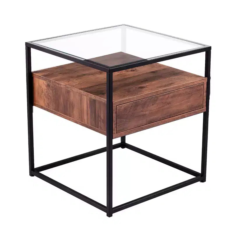 Olivern Glass-Top End Table with Storage - Black - SEI