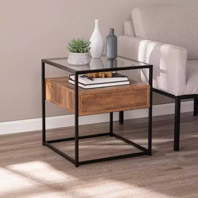 Table d'appoint à plateau en verre avec rangement - Noire