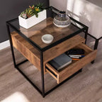 Table d'appoint à plateau en verre avec rangement - Noire