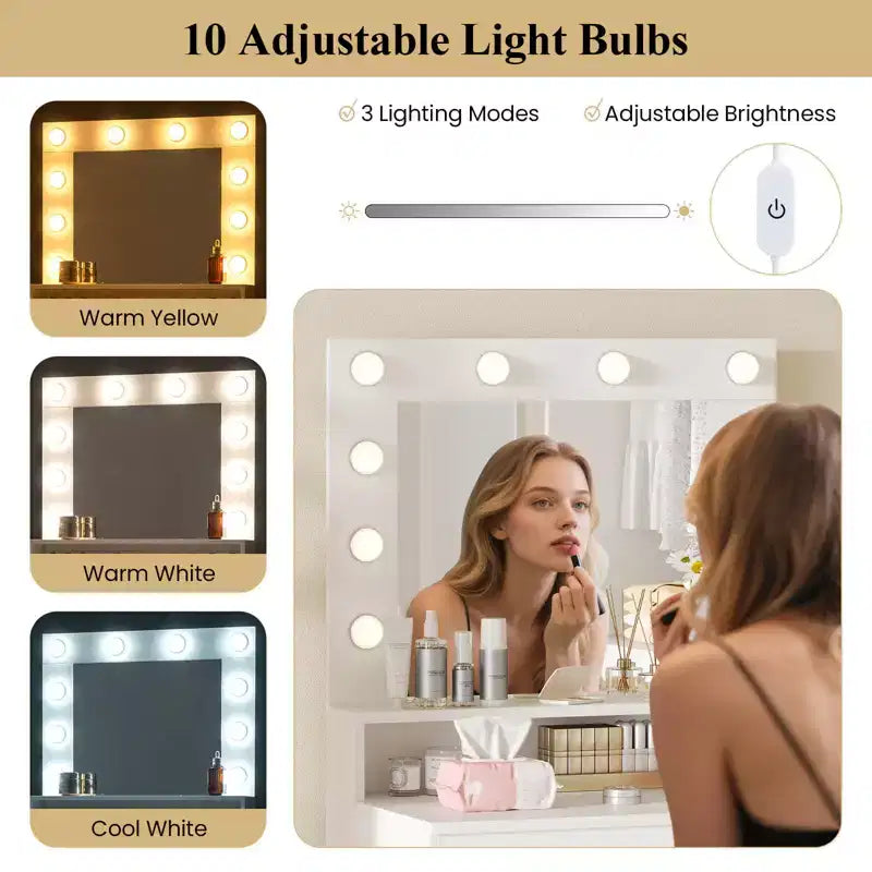 Coiffeuse avec miroir et lumières avec 3 modes d'éclairage et luminosité réglable Blanc