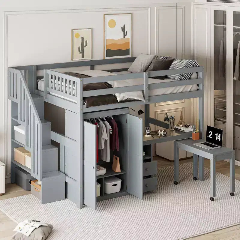 Lit mezzanine double avec escalier, bibliothèque, tiroirs, bureau et armoire, meuble multifonctionnel et peu encombrant pour enfants et adolescents