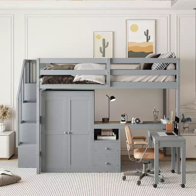 Lit mezzanine double avec escalier, bibliothèque, tiroirs, bureau et armoire, meuble multifonctionnel et peu encombrant pour enfants et adolescents