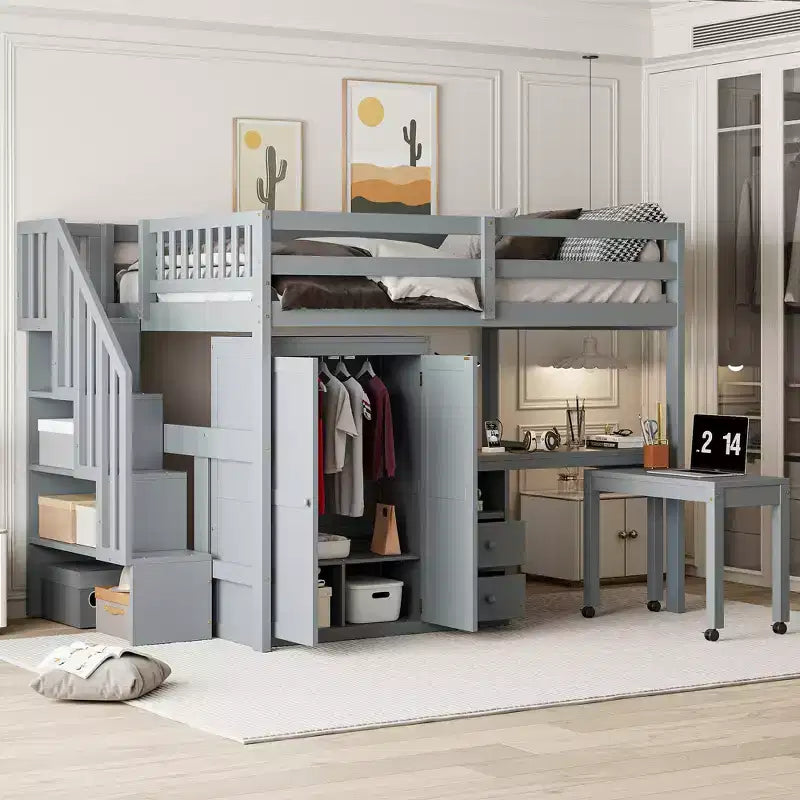 Lit mezzanine double avec escalier, bibliothèque, tiroirs, bureau et armoire, meuble multifonctionnel et peu encombrant pour enfants et adolescents