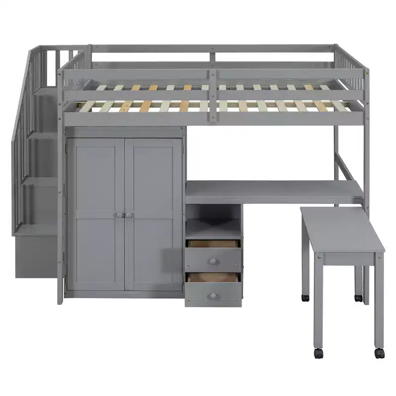 Lit mezzanine double avec escalier, bibliothèque, tiroirs, bureau et armoire, meuble multifonctionnel et peu encombrant pour enfants et adolescents