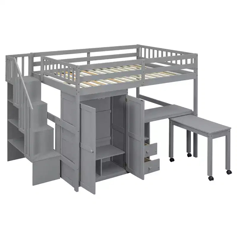 Lit mezzanine double avec escalier, bibliothèque, tiroirs, bureau et armoire, meuble multifonctionnel et peu encombrant pour enfants et adolescents