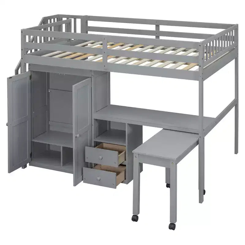 Lit mezzanine double avec escalier, bibliothèque, tiroirs, bureau et armoire, meuble multifonctionnel et peu encombrant pour enfants et adolescents