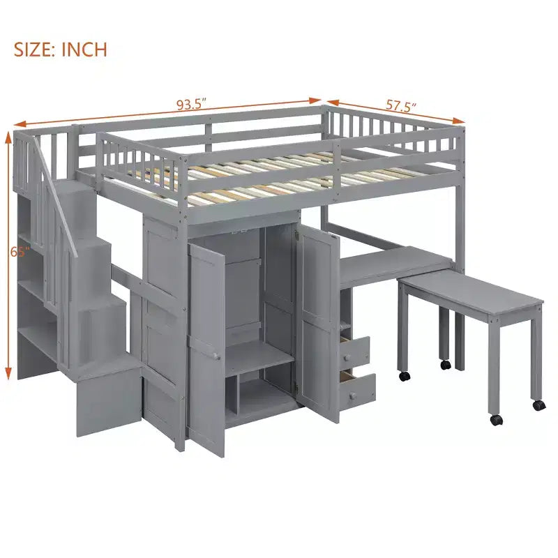 Lit mezzanine double avec escalier, bibliothèque, tiroirs, bureau et armoire, meuble multifonctionnel et peu encombrant pour enfants et adolescents