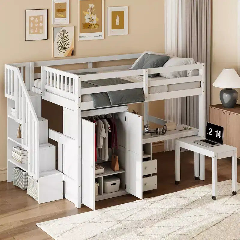 Lit mezzanine double avec escalier, bibliothèque, tiroirs, bureau et armoire, meuble multifonctionnel et peu encombrant pour enfants et adolescents