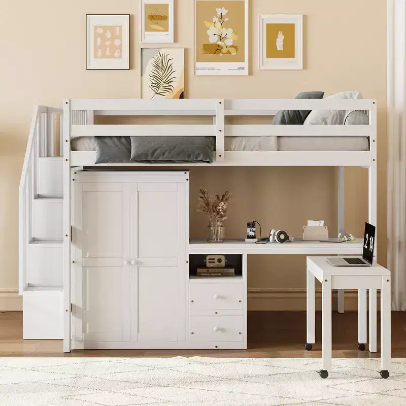 Lit mezzanine double avec escalier, bibliothèque, tiroirs, bureau et armoire, meuble multifonctionnel et peu encombrant pour enfants et adolescents