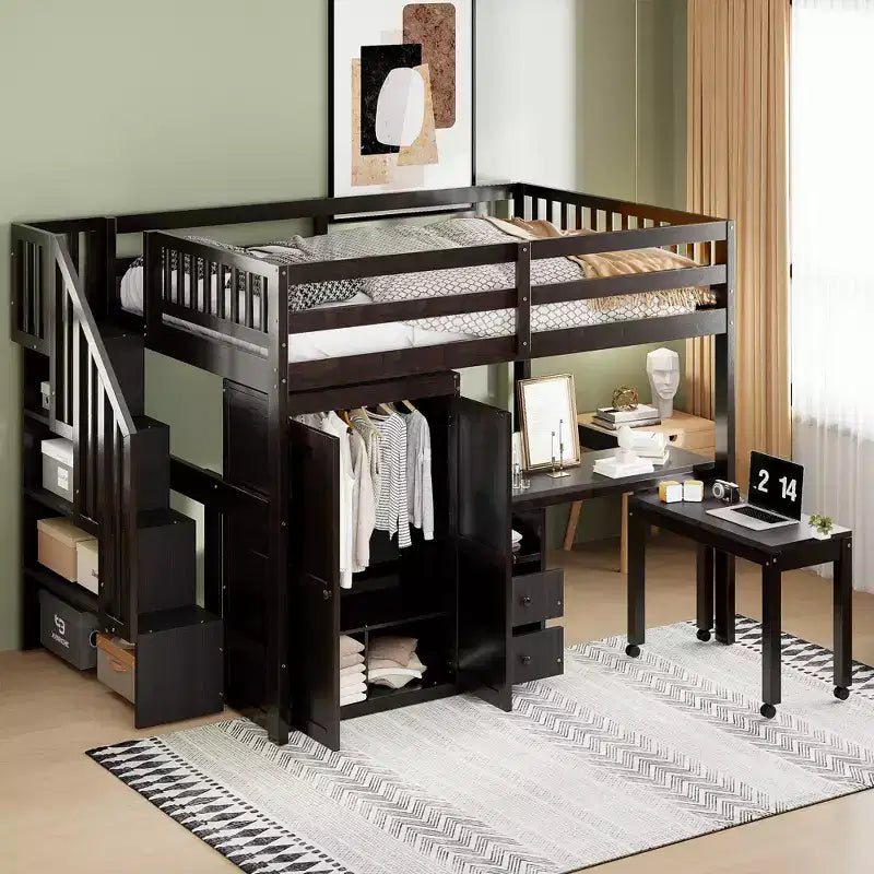 Lit mezzanine double avec escalier, bibliothèque, tiroirs, bureau et armoire, meuble multifonctionnel et peu encombrant pour enfants et adolescents