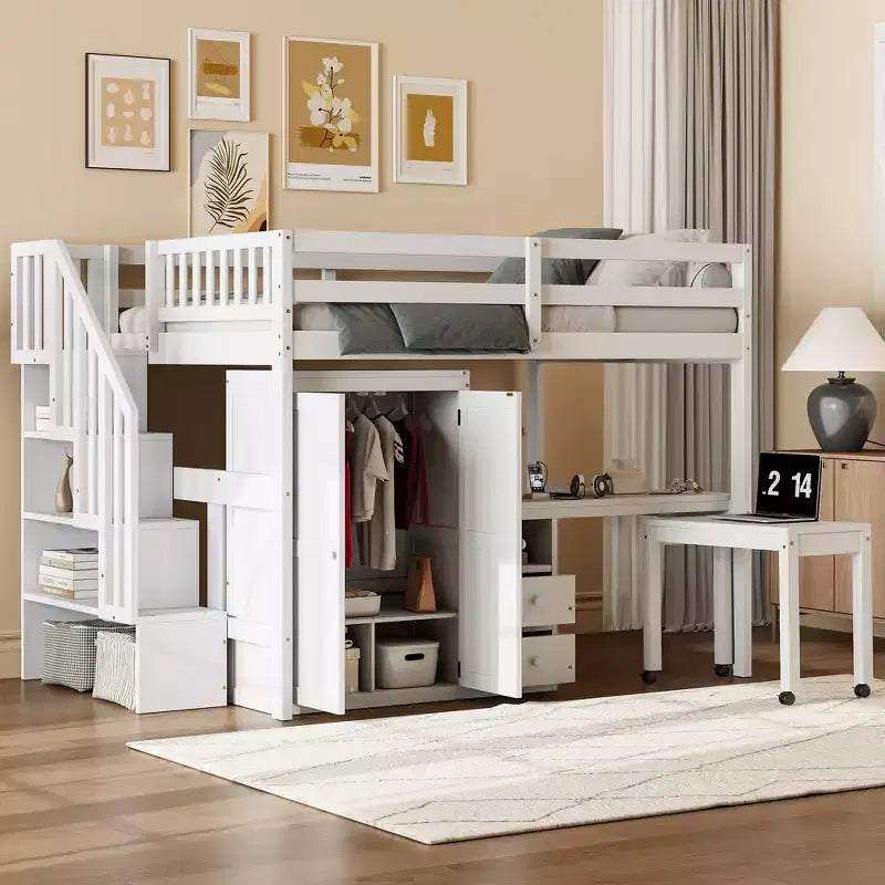 Lit mezzanine double avec escalier, bibliothèque, tiroirs, bureau et armoire, meuble multifonctionnel et peu encombrant pour enfants et adolescents