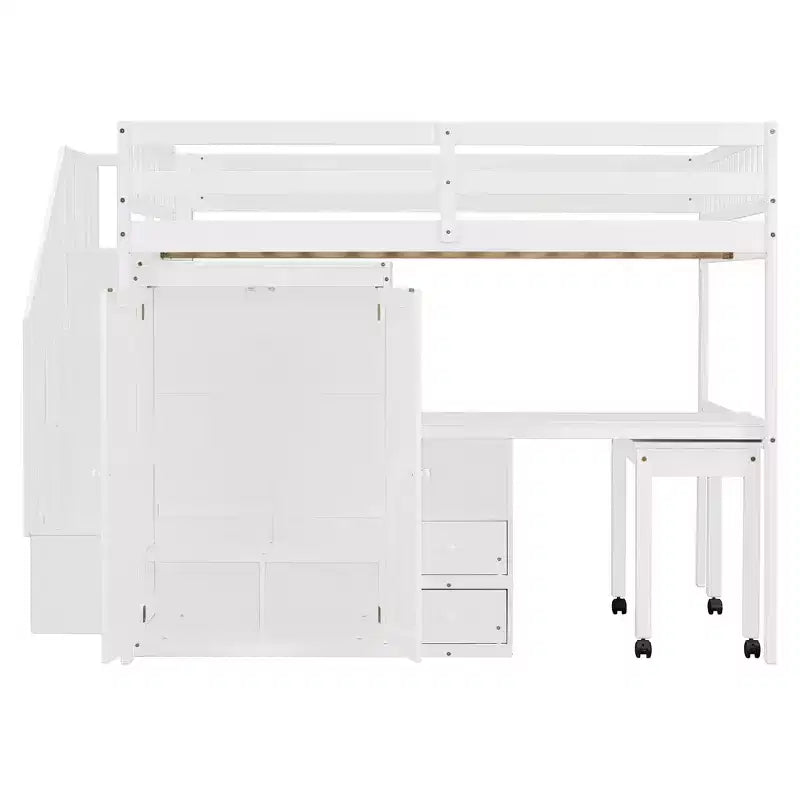 Lit mezzanine double avec escalier, bibliothèque, tiroirs, bureau et armoire, meuble multifonctionnel et peu encombrant pour enfants et adolescents