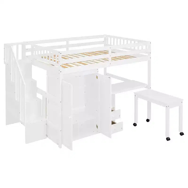 Lit mezzanine double avec escalier, bibliothèque, tiroirs, bureau et armoire, meuble multifonctionnel et peu encombrant pour enfants et adolescents