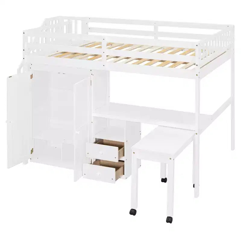 Lit mezzanine double avec escalier, bibliothèque, tiroirs, bureau et armoire, meuble multifonctionnel et peu encombrant pour enfants et adolescents