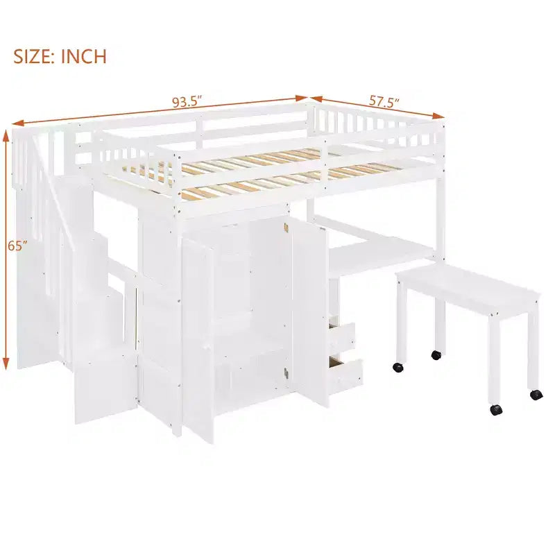Lit mezzanine double avec escalier, bibliothèque, tiroirs, bureau et armoire, meuble multifonctionnel et peu encombrant pour enfants et adolescents
