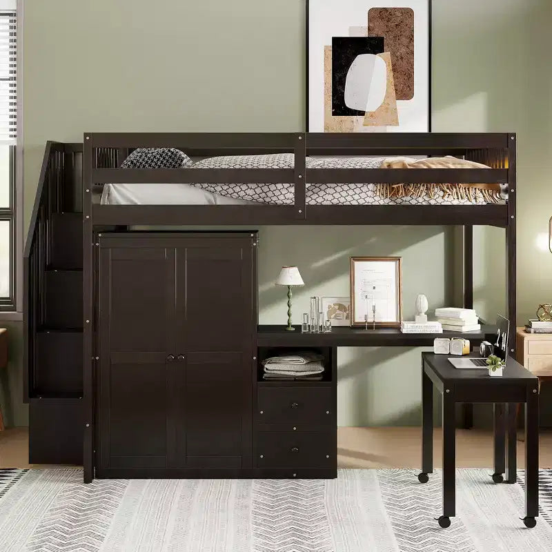 Lit mezzanine double avec escalier, bibliothèque, tiroirs, bureau et armoire, meuble multifonctionnel et peu encombrant pour enfants et adolescents