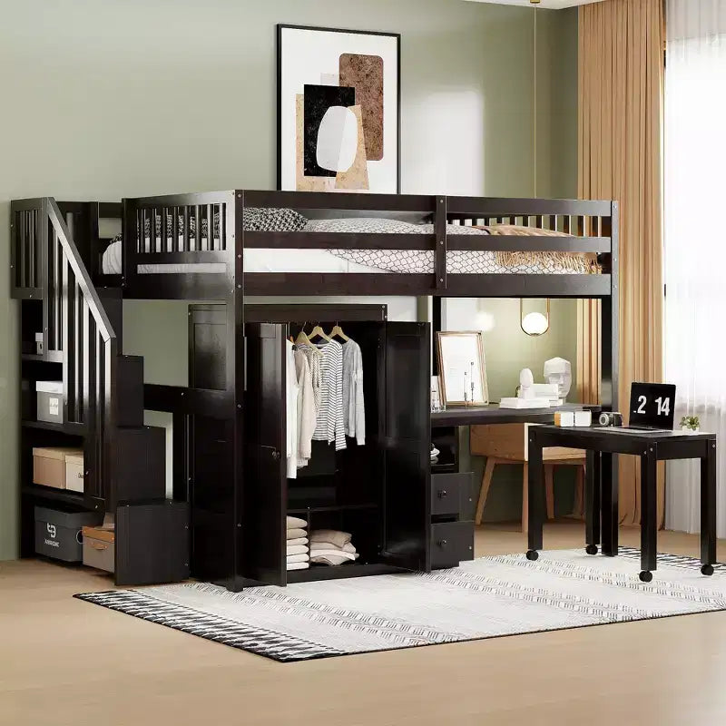 Lit mezzanine double avec escalier, bibliothèque, tiroirs, bureau et armoire, meuble multifonctionnel et peu encombrant pour enfants et adolescents