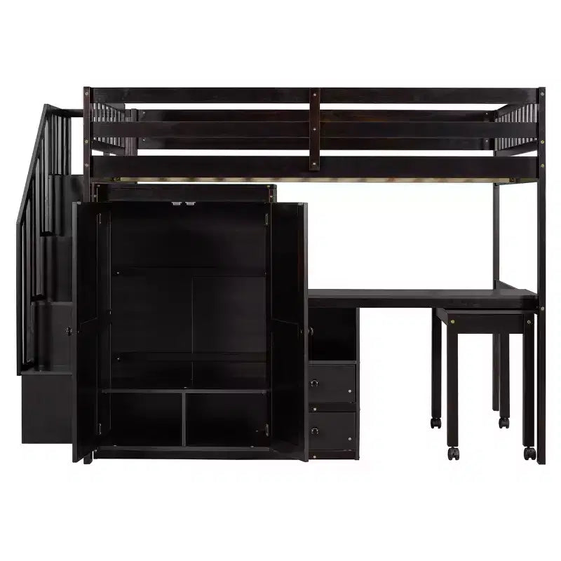 Lit mezzanine double avec escalier, bibliothèque, tiroirs, bureau et armoire, meuble multifonctionnel et peu encombrant pour enfants et adolescents