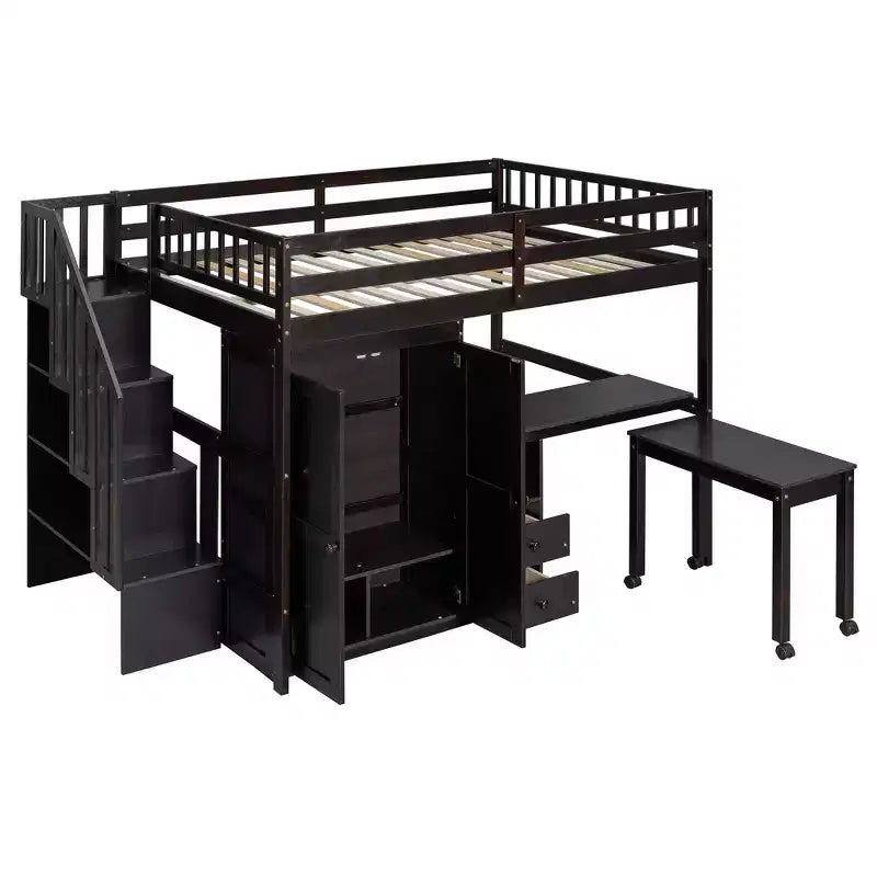 Lit mezzanine double avec escalier, bibliothèque, tiroirs, bureau et armoire, meuble multifonctionnel et peu encombrant pour enfants et adolescents