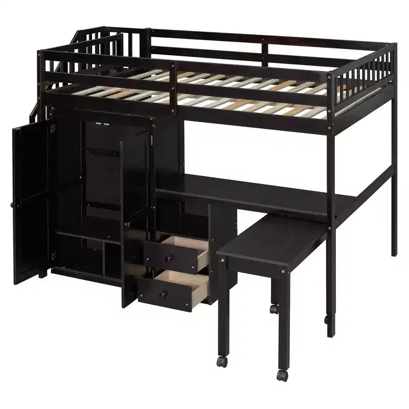 Lit mezzanine double avec escalier, bibliothèque, tiroirs, bureau et armoire, meuble multifonctionnel et peu encombrant pour enfants et adolescents