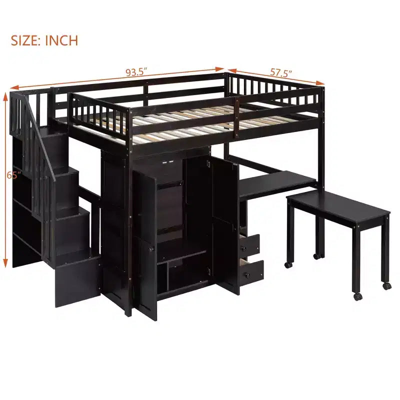 Lit mezzanine double avec escalier, bibliothèque, tiroirs, bureau et armoire, meuble multifonctionnel et peu encombrant pour enfants et adolescents