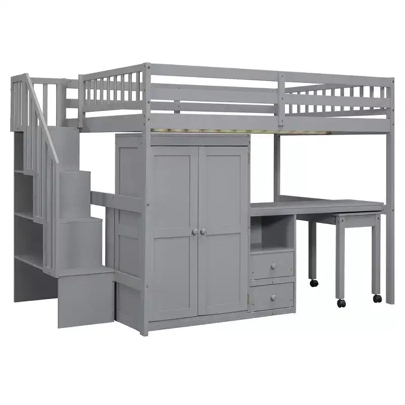 Lit mezzanine double avec escalier, bibliothèque, tiroirs, bureau et armoire, meuble multifonctionnel et peu encombrant pour enfants et adolescents