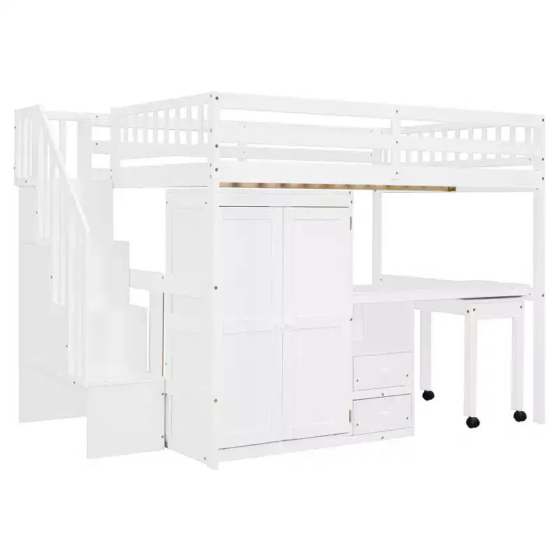 Lit mezzanine double avec escalier, bibliothèque, tiroirs, bureau et armoire, meuble multifonctionnel et peu encombrant pour enfants et adolescents