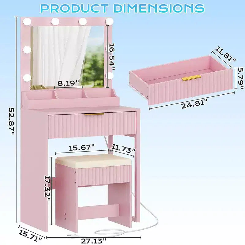 Coiffeuse avec miroir lumineux et tabouret, 1 tiroir 3 compartiments – Beige / Noir / Rose / Blanc