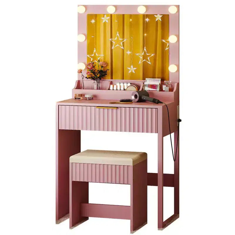 Coiffeuse avec miroir lumineux et tabouret, 1 tiroir 3 compartiments – Beige / Noir / Rose / Blanc
