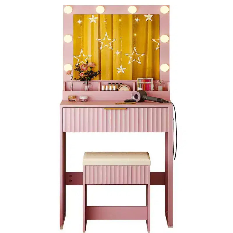 Coiffeuse avec miroir lumineux et tabouret, 1 tiroir 3 compartiments – Beige / Noir / Rose / Blanc