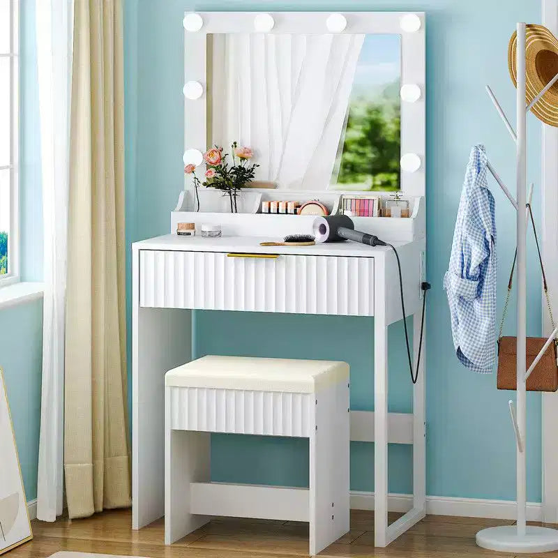 Coiffeuse avec miroir lumineux et tabouret, 1 tiroir 3 compartiments – Beige / Noir / Rose / Blanc