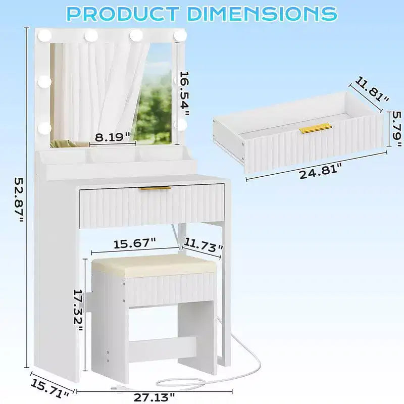 Coiffeuse avec miroir lumineux et tabouret, 1 tiroir 3 compartiments – Beige / Noir / Rose / Blanc