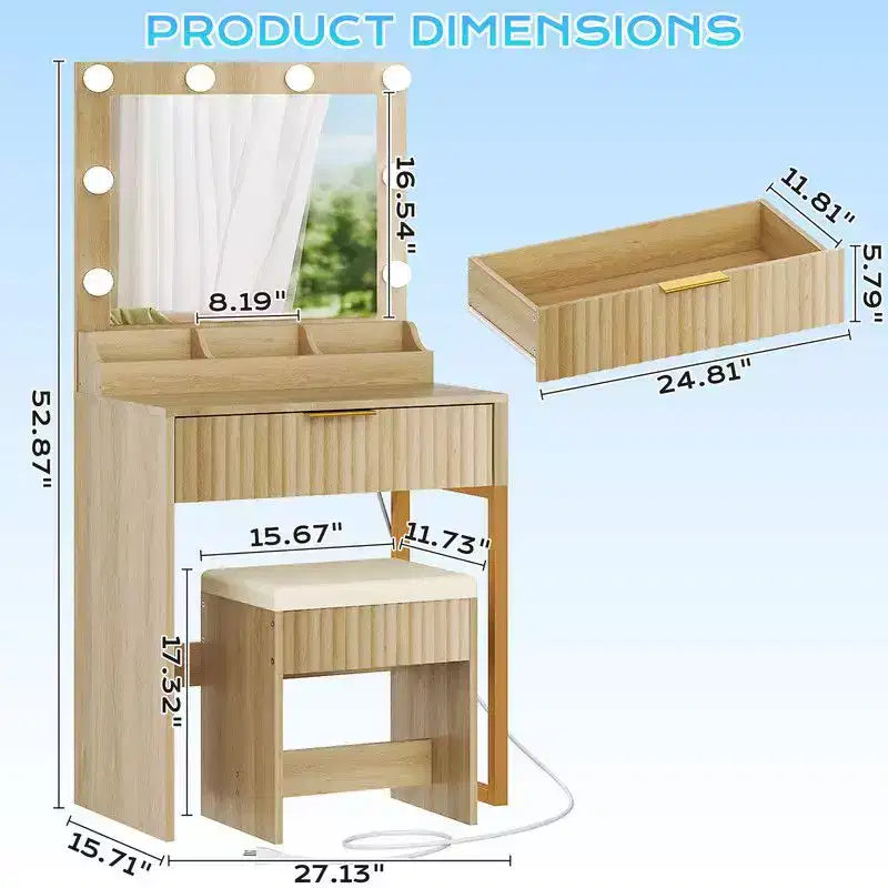 Coiffeuse avec miroir lumineux et tabouret, 1 tiroir 3 compartiments – Beige / Noir / Rose / Blanc