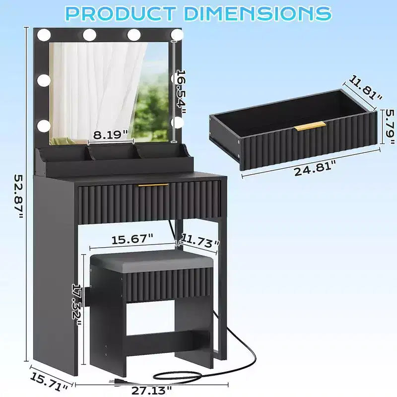 Coiffeuse avec miroir lumineux et tabouret, 1 tiroir 3 compartiments – Beige / Noir / Rose / Blanc