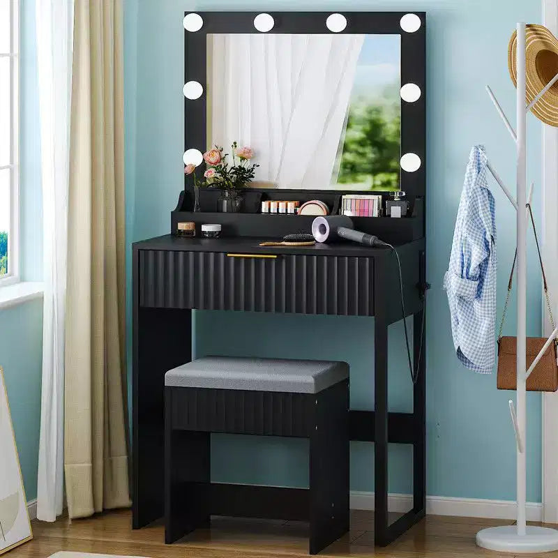 Coiffeuse avec miroir lumineux et tabouret, 1 tiroir 3 compartiments – Beige / Noir / Rose / Blanc
