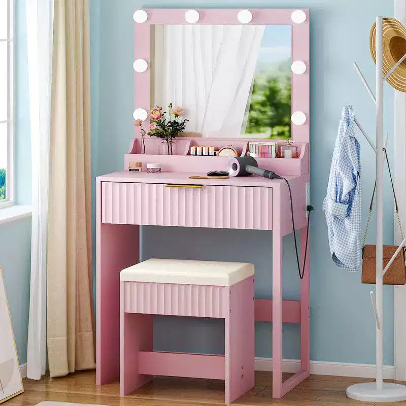 Coiffeuse avec miroir lumineux et tabouret, 1 tiroir 3 compartiments – Beige / Noir / Rose / Blanc