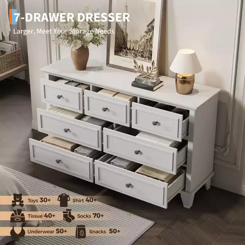 Commode à 7 tiroirs, chiffonnier en bois de 119 cm, Noir / Marron / Gris / Blanc