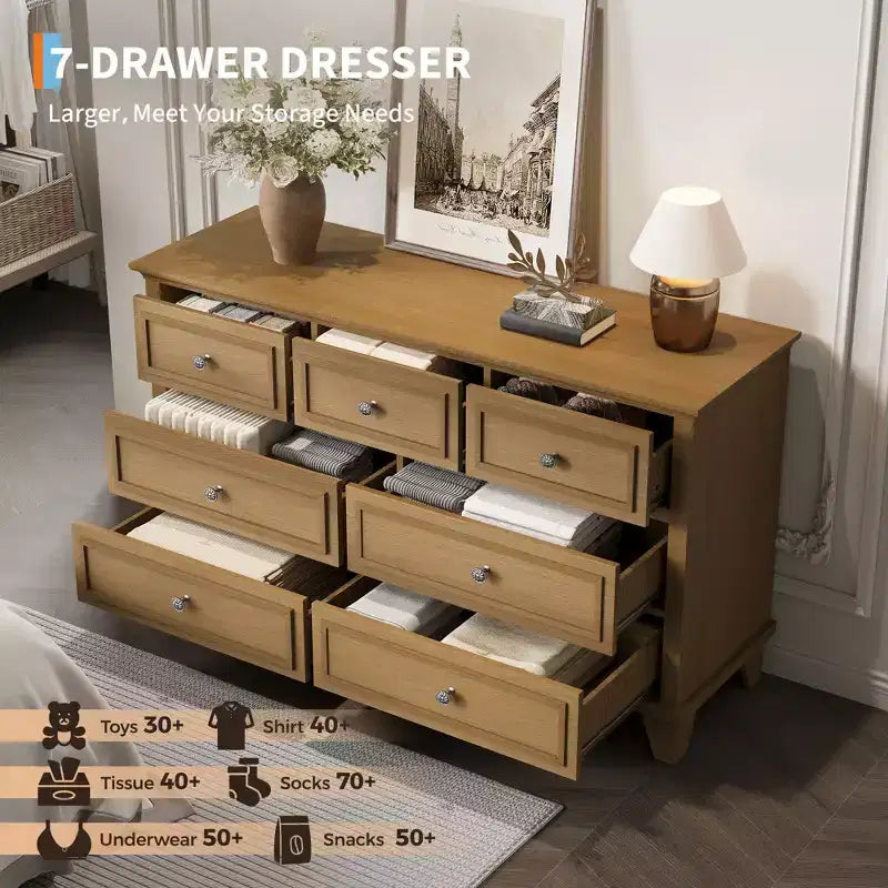 Commode à 7 tiroirs, chiffonnier en bois de 119 cm, Noir / Marron / Gris / Blanc