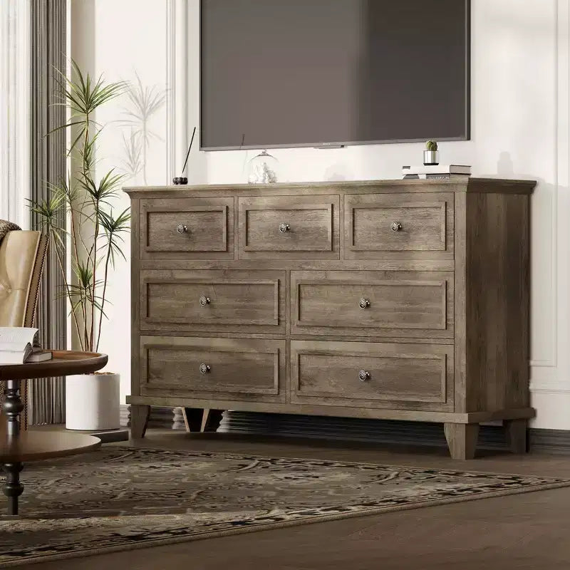 Commode à 7 tiroirs, chiffonnier en bois de 119 cm, Noir / Marron / Gris / Blanc
