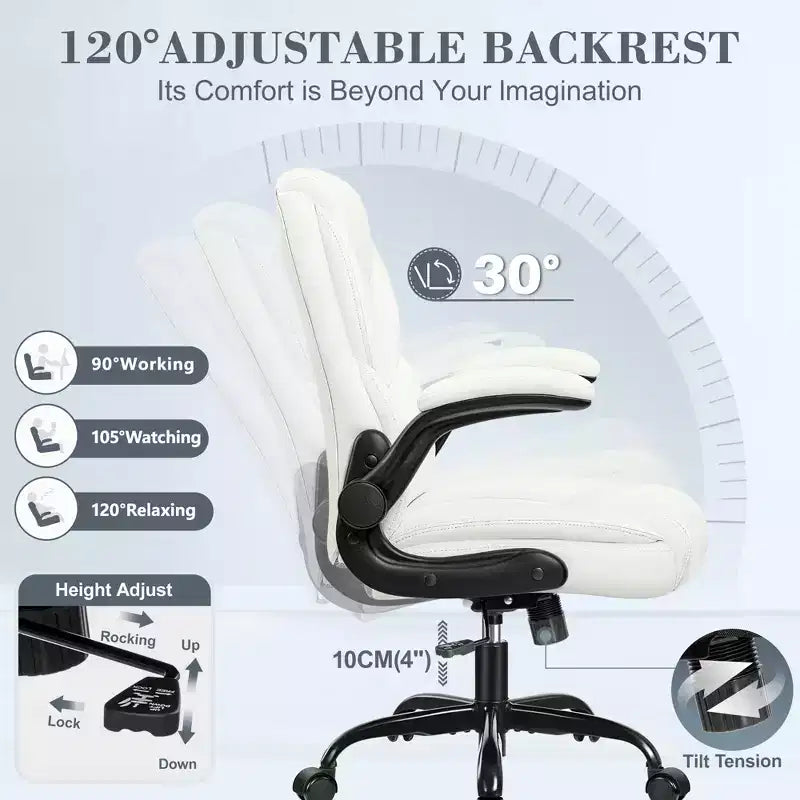Chaise de bureau pivotante en similicuir, hauteur réglable, blanc