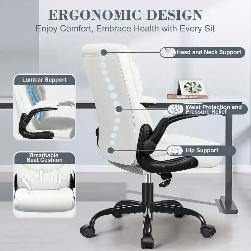 Chaise de bureau pivotante en similicuir, hauteur réglable, blanc