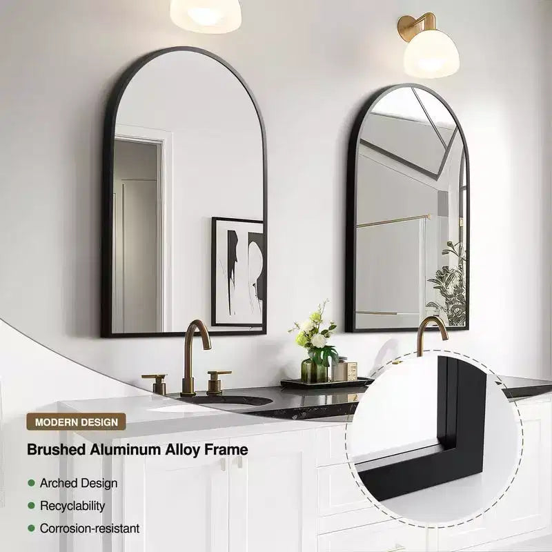 Miroir mural arqué moderne noir 36 x 24, Cadre fin en alliage d'aluminium, Miroir de salle de bain à suspendre au-dessus de l'évier, Pour entrée, chambre, coiffeuse