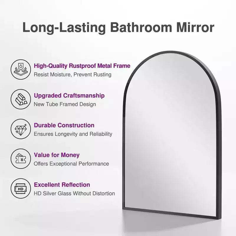Miroir mural arqué moderne noir 36 x 24, Cadre fin en alliage d'aluminium, Miroir de salle de bain à suspendre au-dessus de l'évier, Pour entrée, chambre, coiffeuse