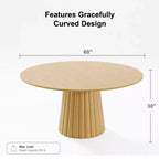 Table de salle à manger ronde en bois massif de 60" - Table de cuisine pour 6 à 8 personnes avec plateau et base conique texturée pour salon/salle à manger