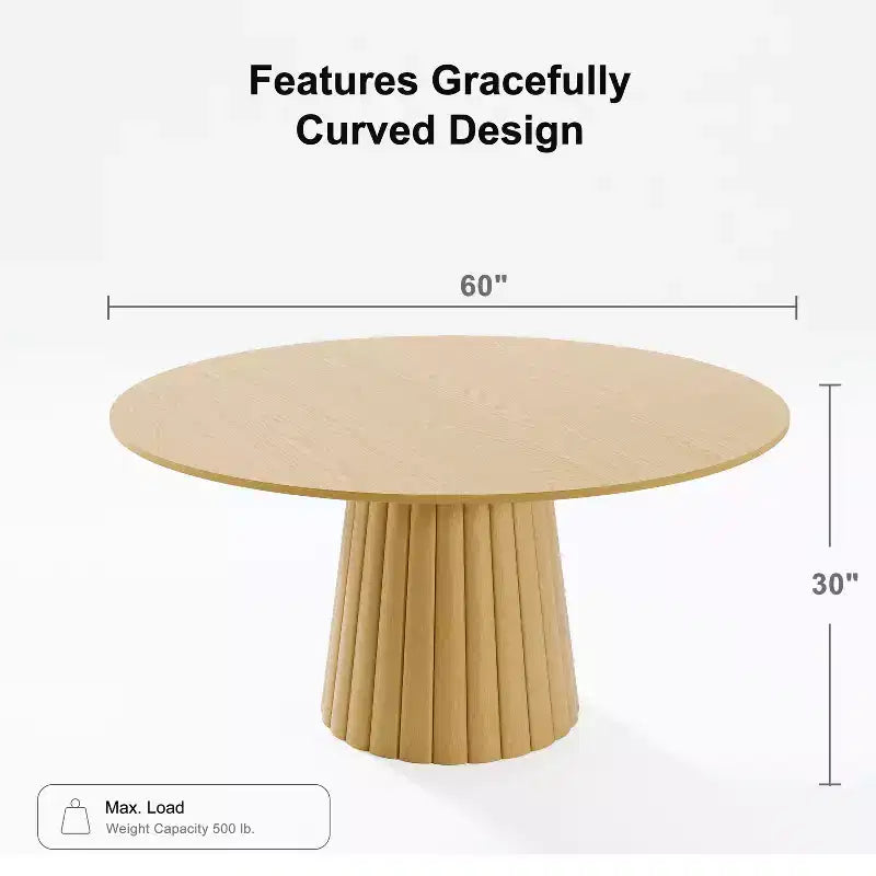 Table de salle à manger ronde en bois massif de 60" - Table de cuisine pour 6 à 8 personnes avec plateau et base conique texturée pour salon/salle à manger