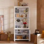 Bibliothèque Mid-Century, Étagère de rangement avec tablettes épaisses, 5 niveaux et 4 portes, Bibliothèque de présentation de style rustique pour salon, bureau