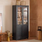 Bibliothèque Mid-Century, Étagère de rangement avec tablettes épaisses, 5 niveaux et 4 portes, Bibliothèque de présentation de style rustique pour salon, bureau