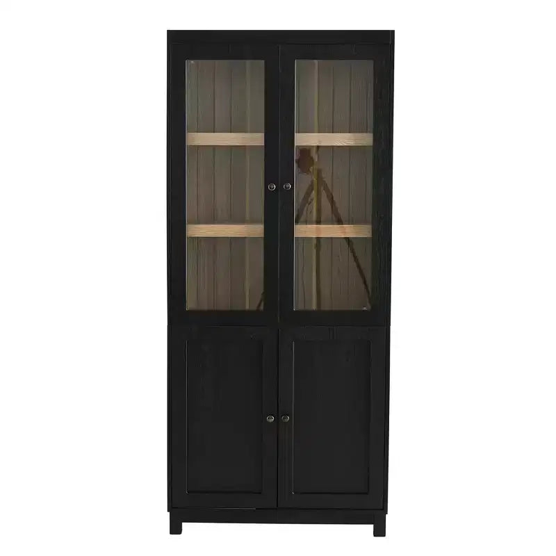 Bibliothèque Mid-Century, Étagère de rangement avec tablettes épaisses, 5 niveaux et 4 portes, Bibliothèque de présentation de style rustique pour salon, bureau